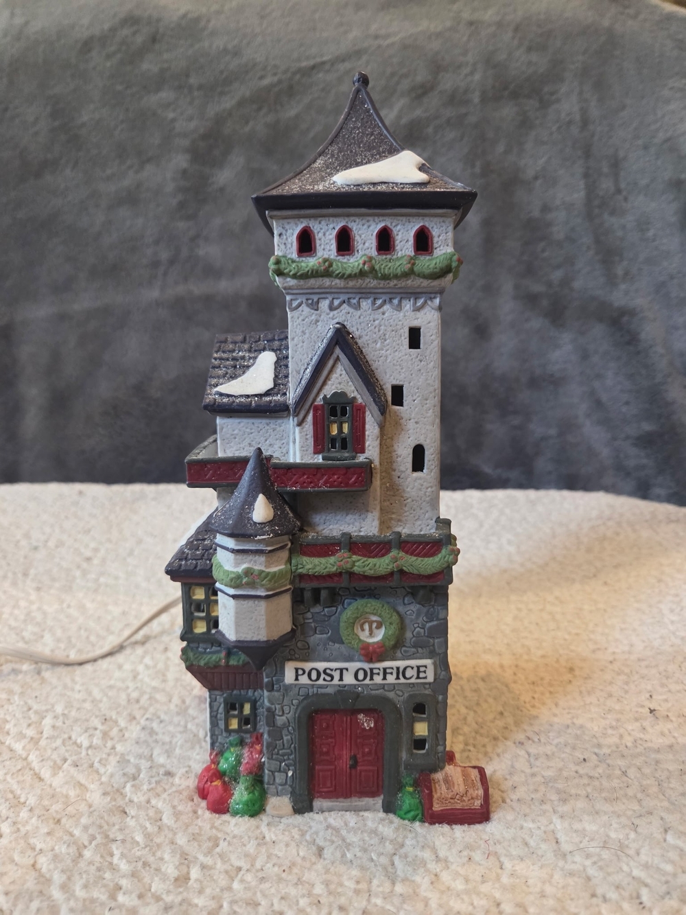 Department 56 Gray Stone Post Office with Red and Green Accents